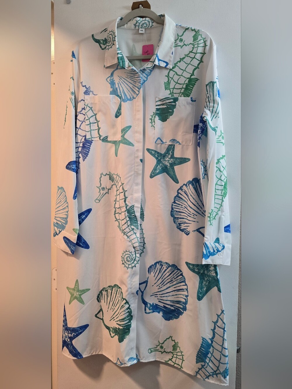 118 Women’s Ocean Print Shirt Dress - White with Blue & Green